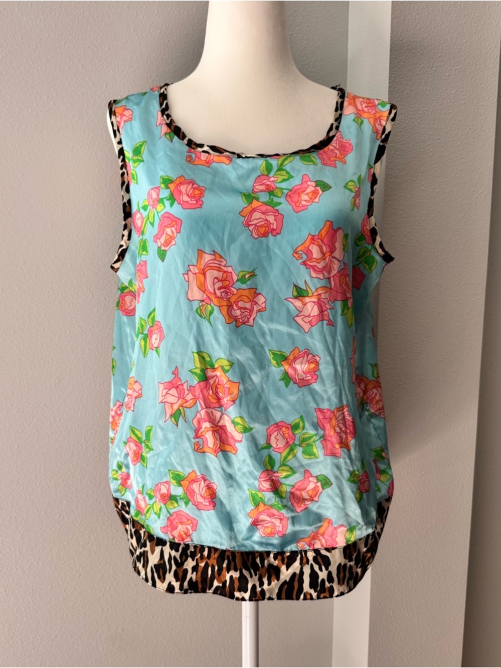 Vintage Whispers 90s blue floral leopard print satin tank top size medium